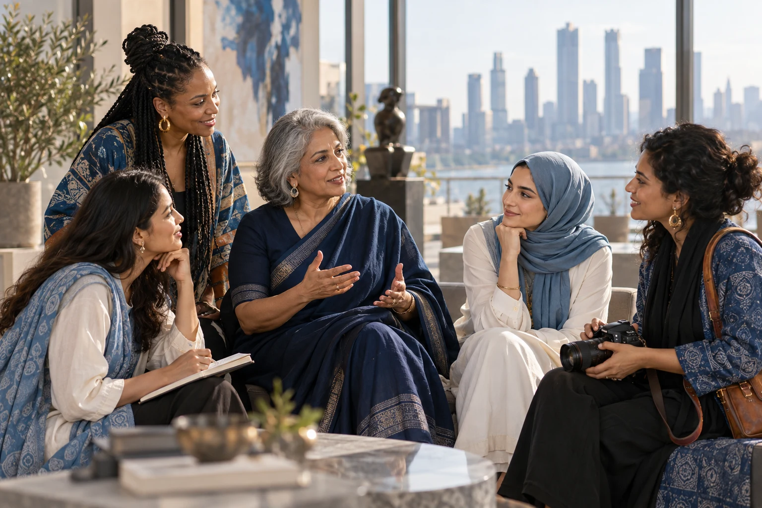 AI-generated illustration of women across generations exchanging ideas for WOW — Women of Wonders